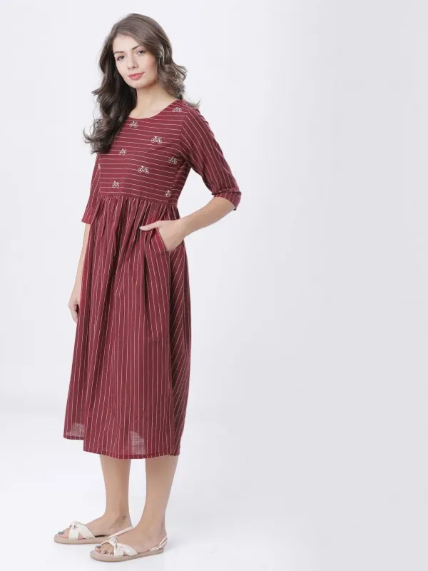  Vishudh Women Maroon Striped A-Line Ethnic Dresses