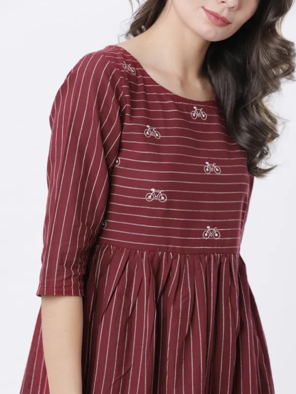  Vishudh Women Maroon Striped A-Line Ethnic Dresses