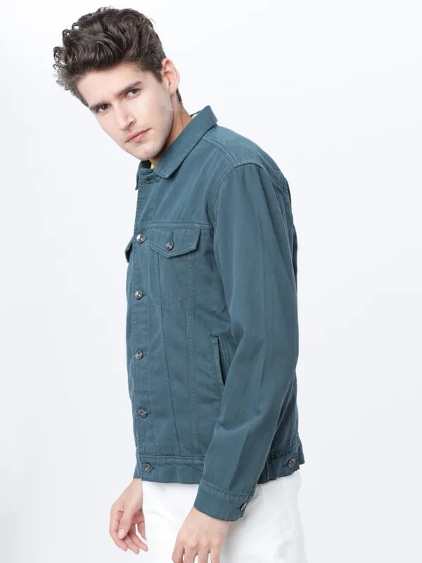  Locomotive Men Teal Solid Denim Jacket Jackets