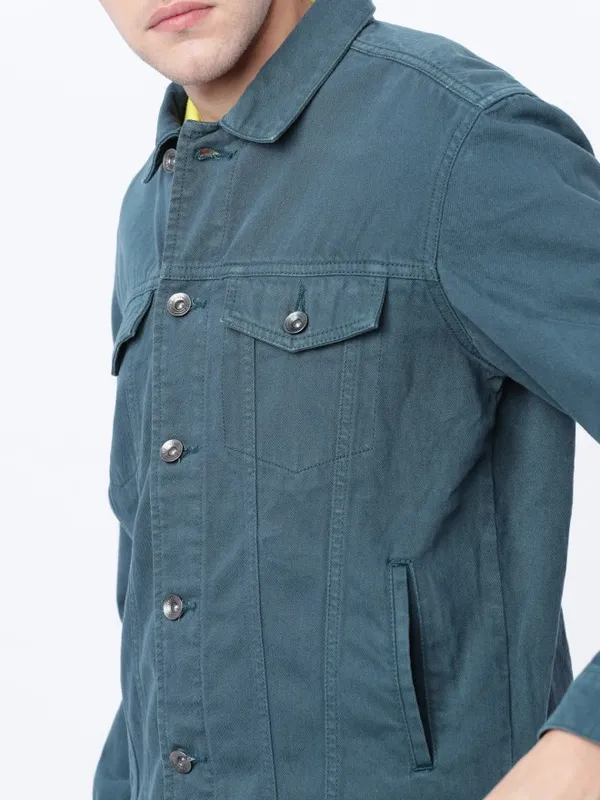  Locomotive Men Teal Solid Denim Jacket Jackets