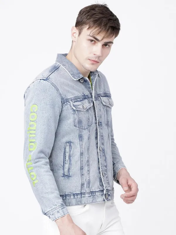  Locomotive Men Blue Solid Denim Jacket Jackets