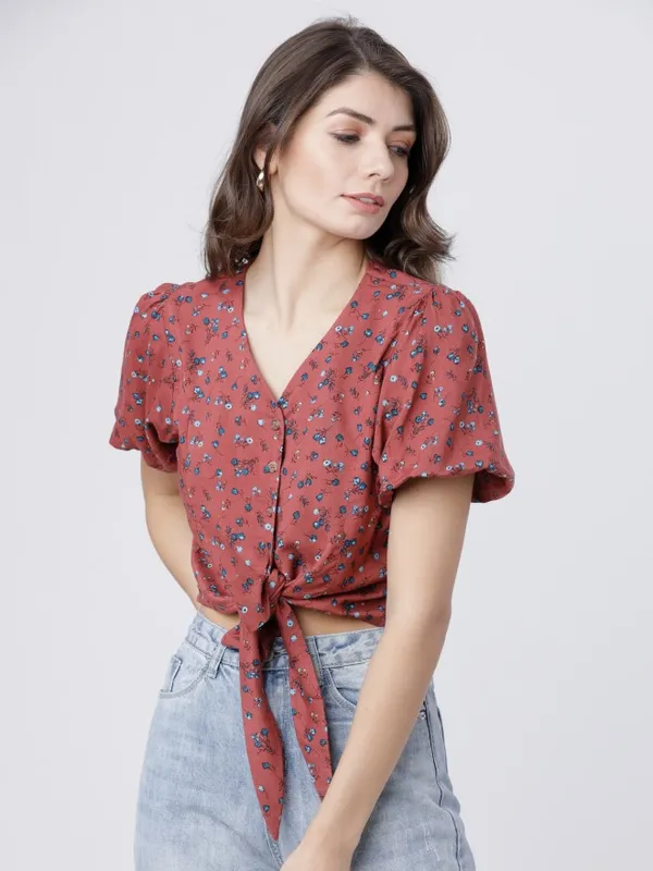  Tokyo Talkies Women Burgundy Printed Regular Tops