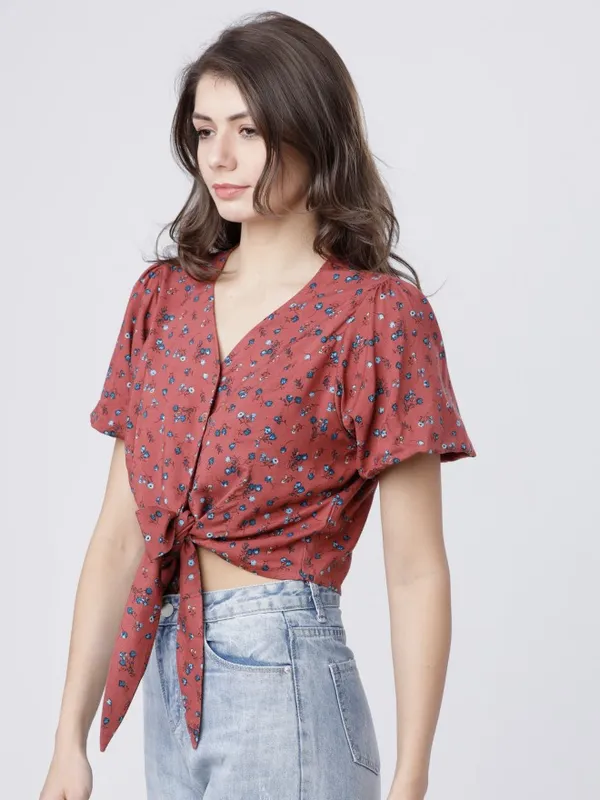  Tokyo Talkies Women Burgundy Printed Regular Tops