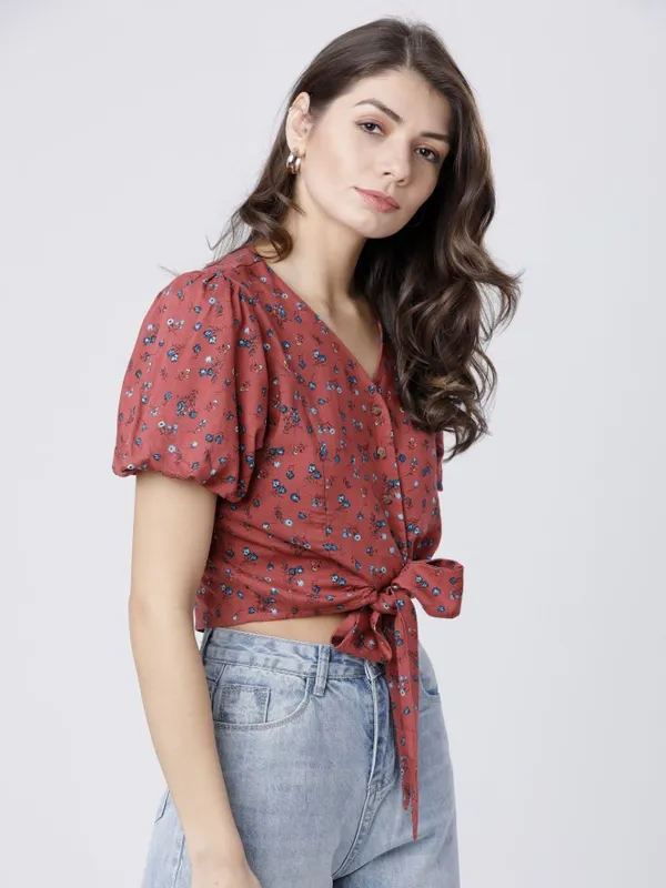  Tokyo Talkies Women Burgundy Printed Regular Tops