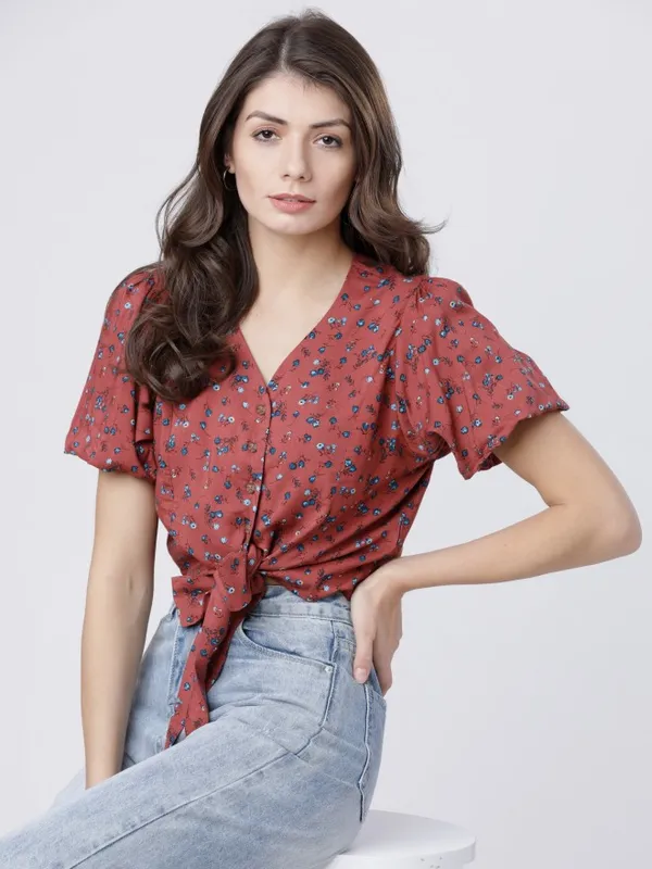  Tokyo Talkies Women Burgundy Printed Regular Tops