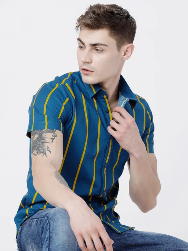  Highlander Men Teal Striped Slim Fit Casual Shirts
