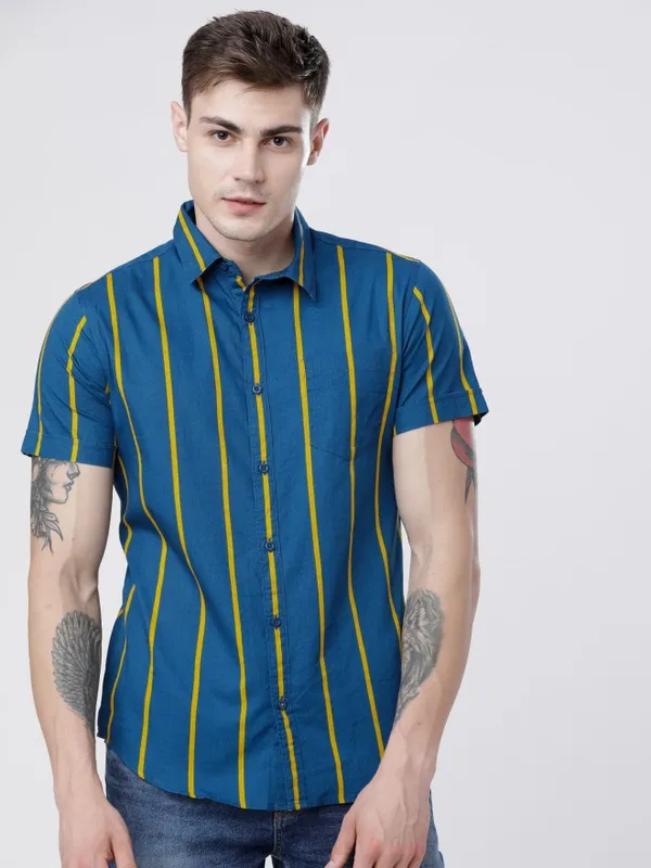  Highlander Men Teal Striped Slim Fit Casual Shirts