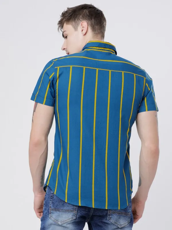  Highlander Men Teal Striped Slim Fit Casual Shirts