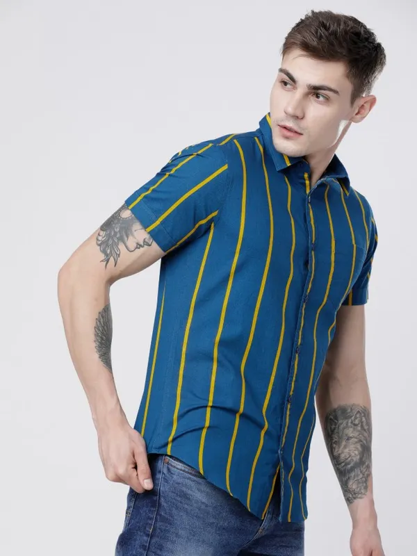  Highlander Men Teal Striped Slim Fit Casual Shirts
