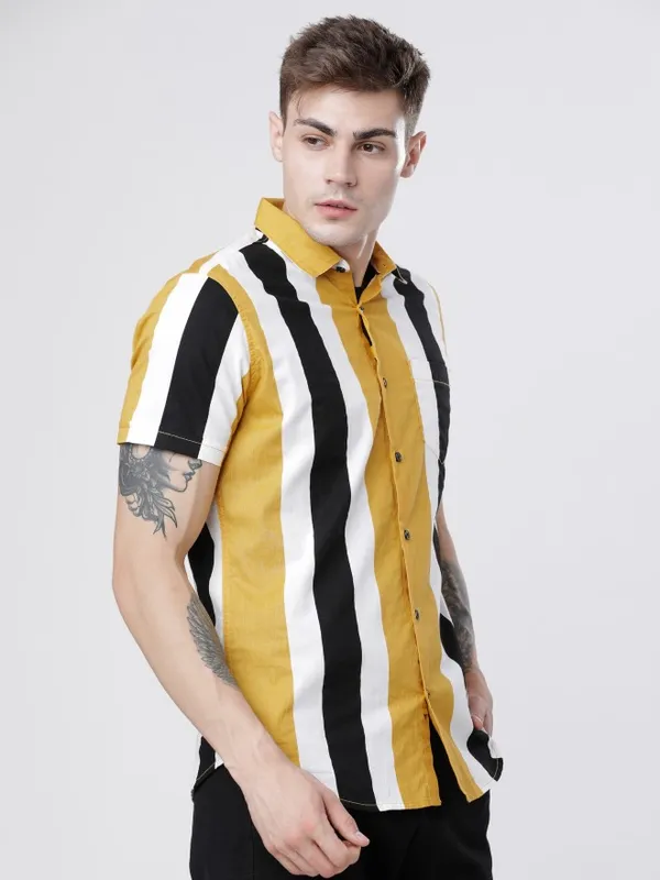  Locomotive Men Black Striped Slim Fit Casual Shirts