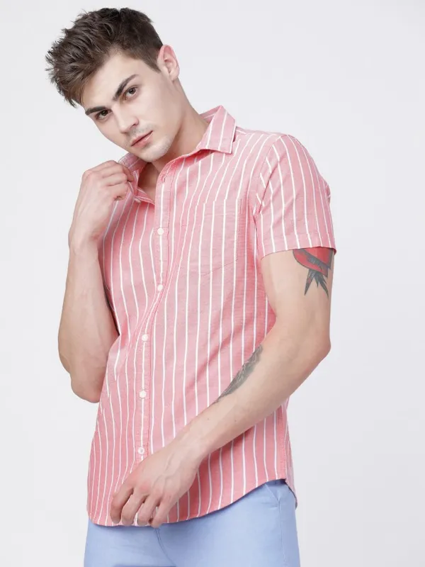  Highlander Men Peach Striped Slim Fit Casual Shirts
