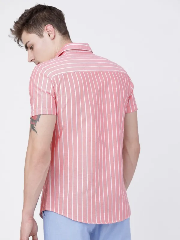  Highlander Men Peach Striped Slim Fit Casual Shirts