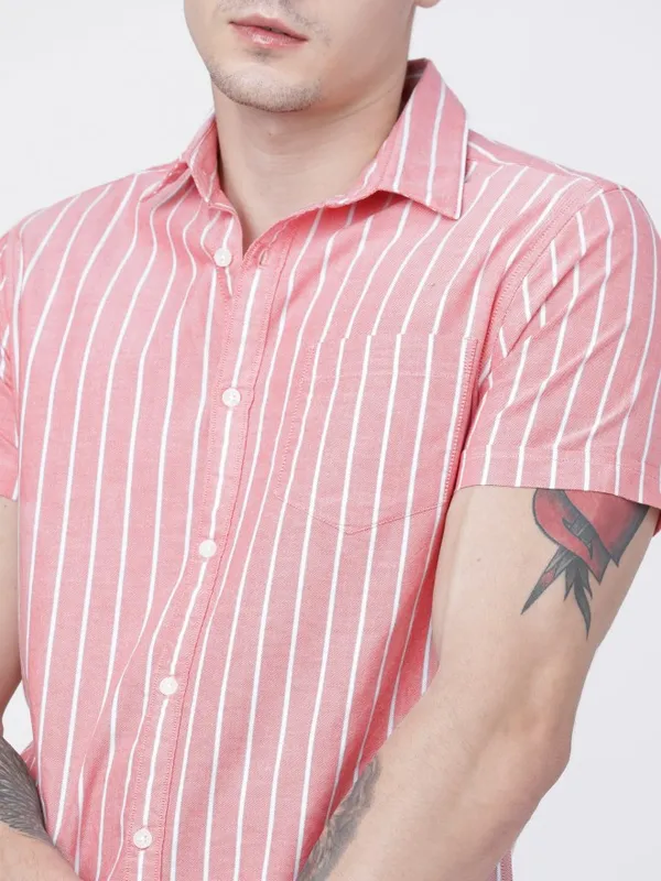  Highlander Men Peach Striped Slim Fit Casual Shirts