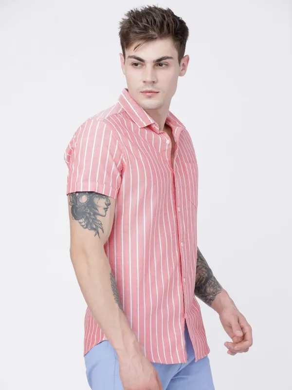  Highlander Men Peach Striped Slim Fit Casual Shirts