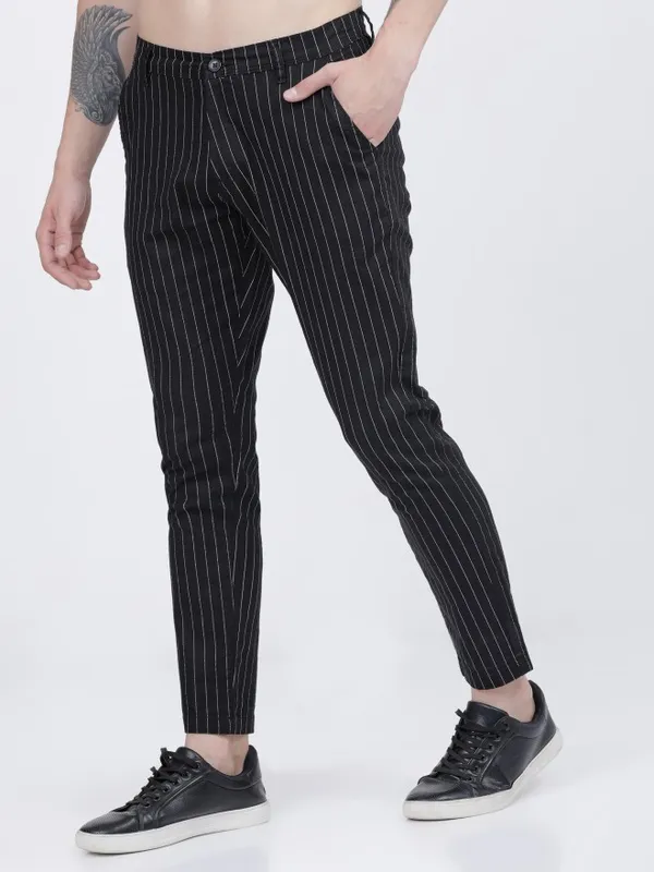 Buy HIGHLANDER Black Striped Slim Fit Regular Trousers for Men