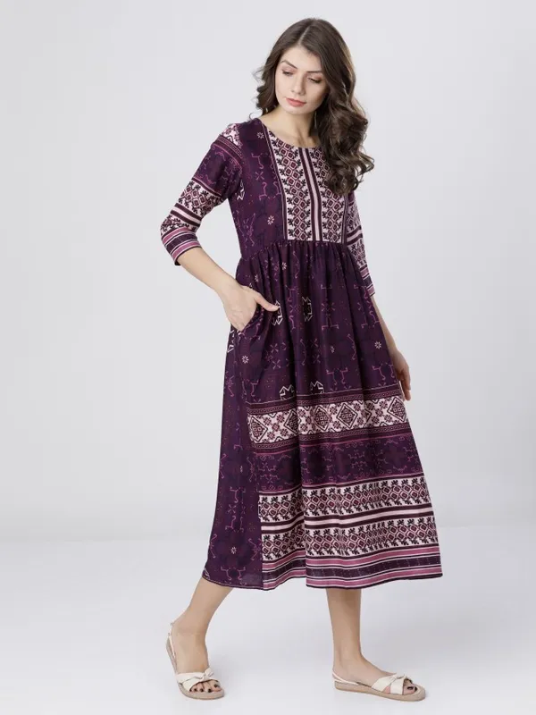  Vishudh Women Purple Printed A-Line Ethnic Dresses