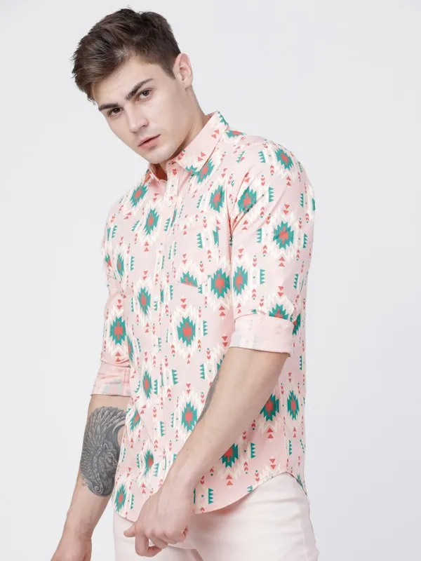  Locomotive Men Peach Printed Slim Fit Casual Shirts