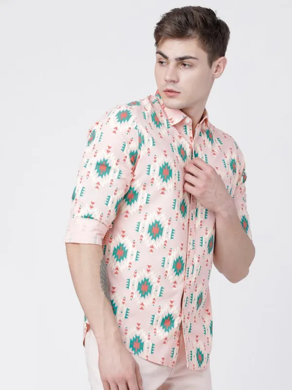  Locomotive Men Peach Printed Slim Fit Casual Shirts