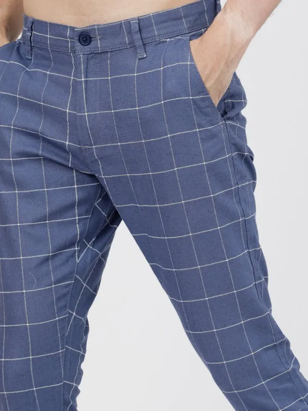  Highlander Men Blue Slim Fit Checked Casual Trousers