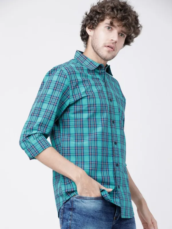  Highlander Men Blue Checked Slim Fit Casual Shirts