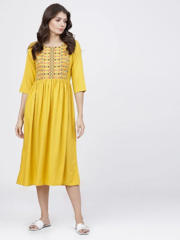  Vishudh Women Mustard Printed A-Line Ethnic Dresses