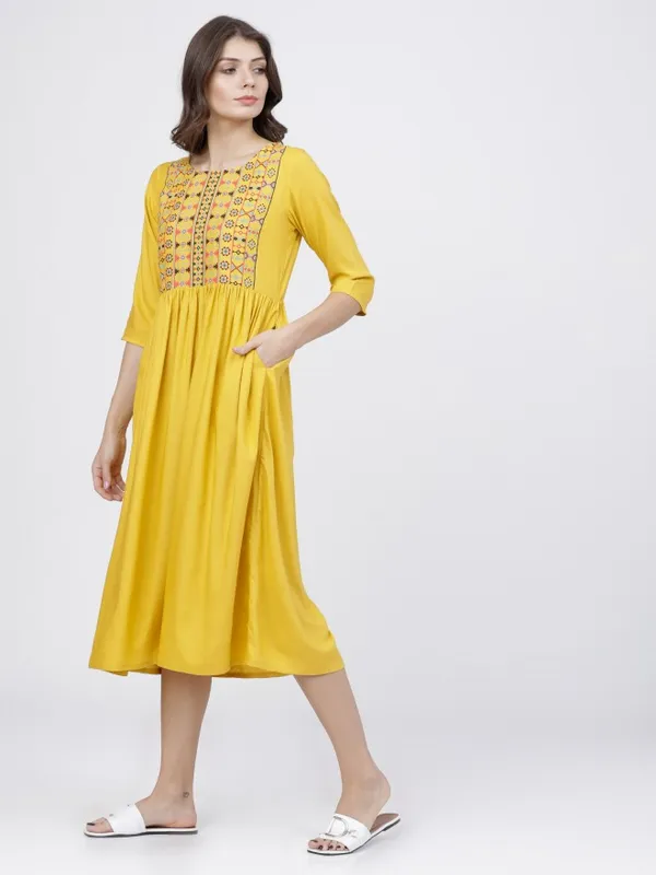  Vishudh Women Mustard Printed A-Line Ethnic Dresses