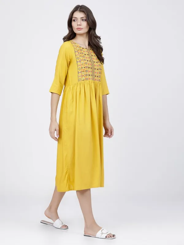  Vishudh Women Mustard Printed A-Line Ethnic Dresses