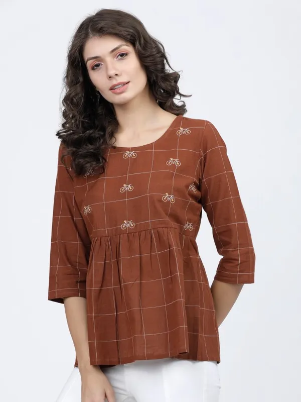  Vishudh Women Brown Checked Regular Tops