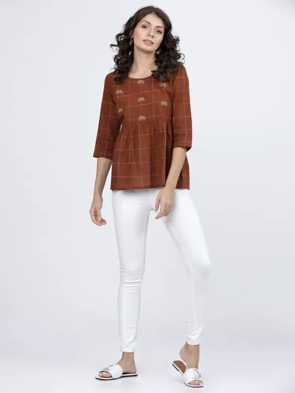  Vishudh Women Brown Checked Regular Tops