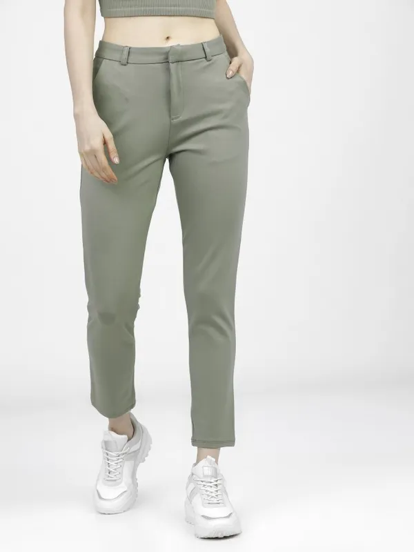  Tokyo Talkies Women Green Solid Slim Fit Casual Trousers