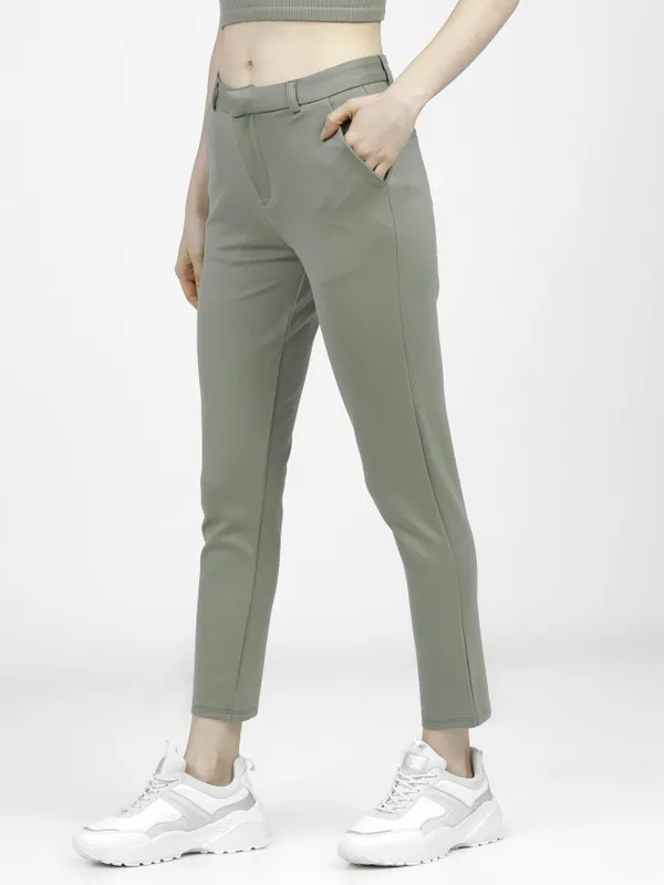  Tokyo Talkies Women Green Solid Slim Fit Casual Trousers