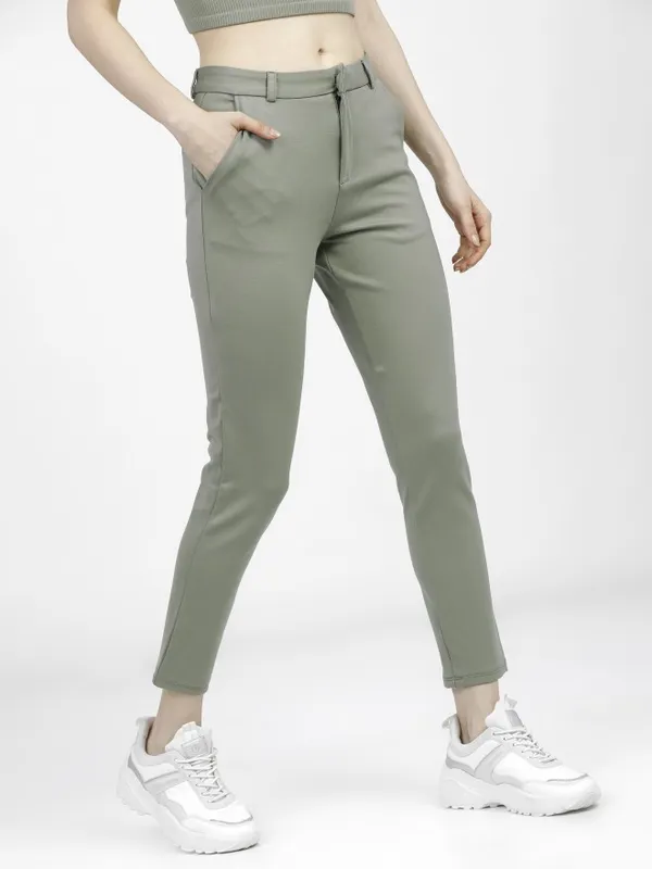  Tokyo Talkies Women Green Solid Slim Fit Casual Trousers