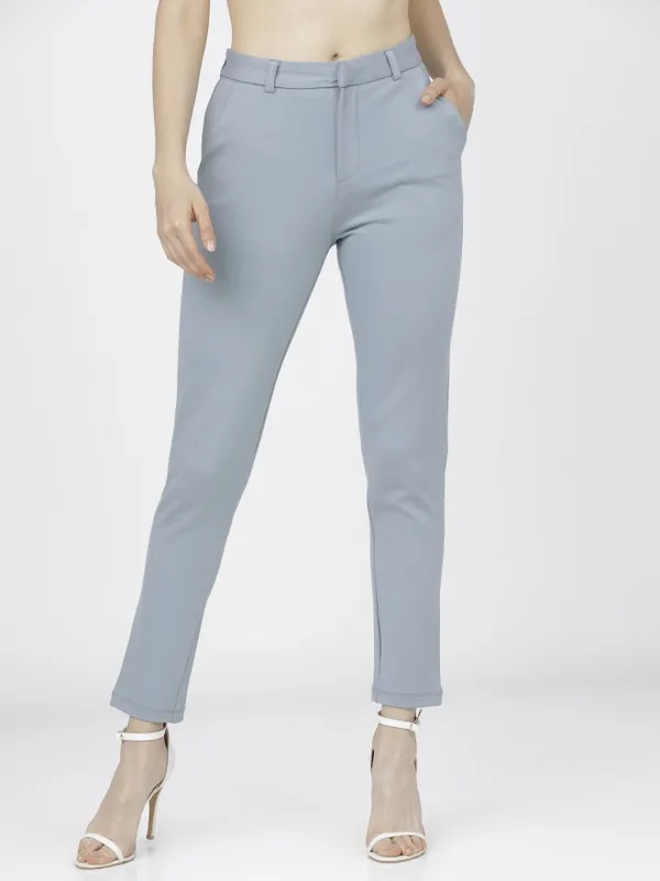  Tokyo Talkies Women Blue Solid Slim Fit Casual Trousers