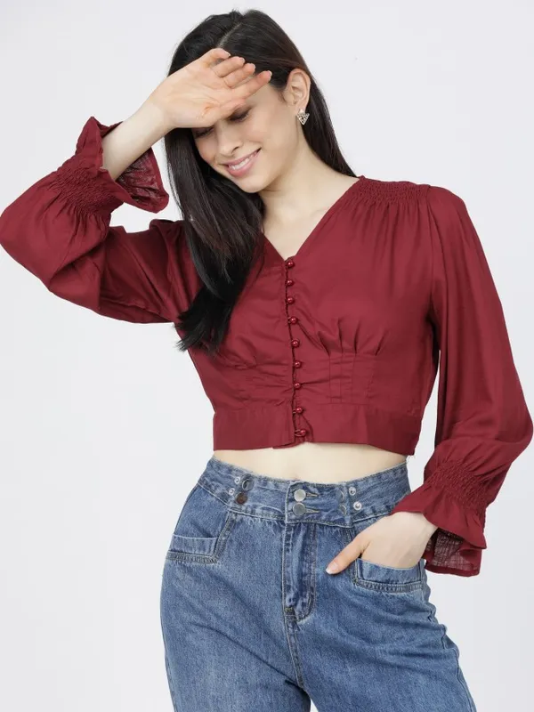  Tokyo Talkies Women Burgundy Solid Regular Tops