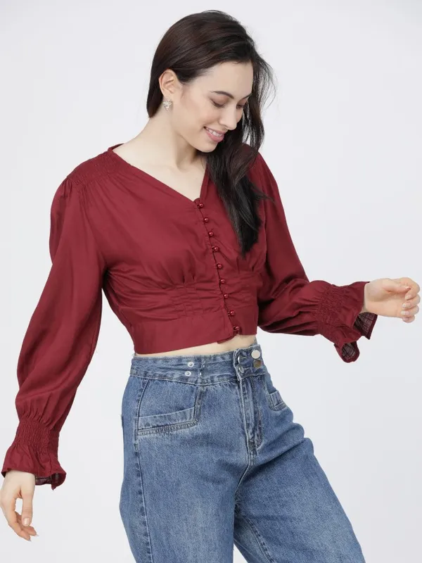  Tokyo Talkies Women Burgundy Solid Regular Tops