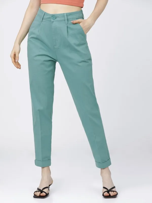  Tokyo Talkies Women Blue Solid Tapered Fit Casual Trousers