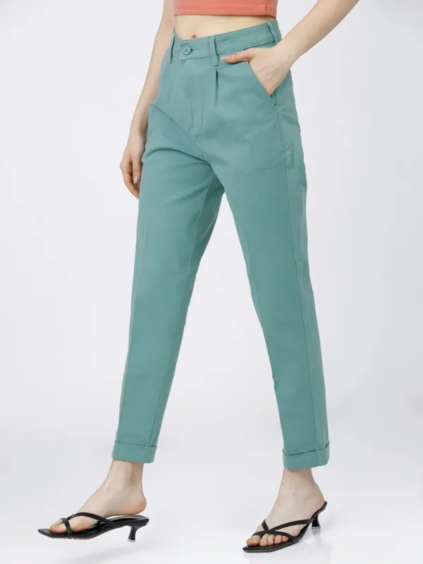  Tokyo Talkies Women Blue Solid Tapered Fit Casual Trousers