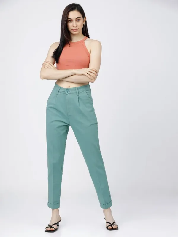  Tokyo Talkies Women Blue Solid Tapered Fit Casual Trousers