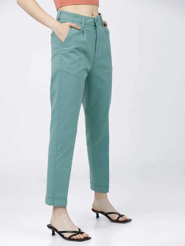  Tokyo Talkies Women Blue Solid Tapered Fit Casual Trousers