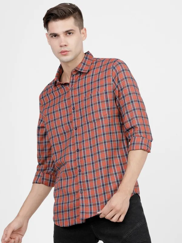  Ketch Men Terracotta Checked Slim Fit Casual Shirts