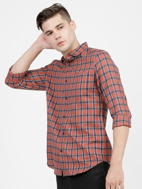  Ketch Men Terracotta Checked Slim Fit Casual Shirts