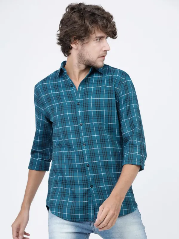  Ketch Men Teal Checked Slim Fit Casual Shirts