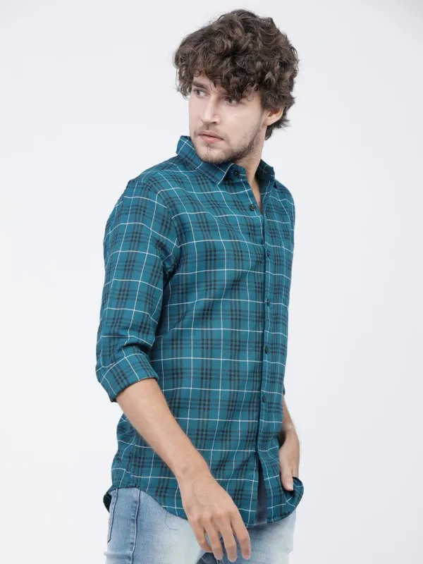  Ketch Men Teal Checked Slim Fit Casual Shirts