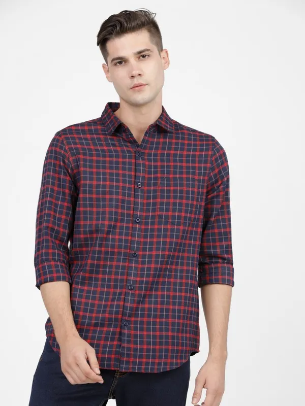  Ketch Men Navy Blue Checked Slim Fit Casual Shirts