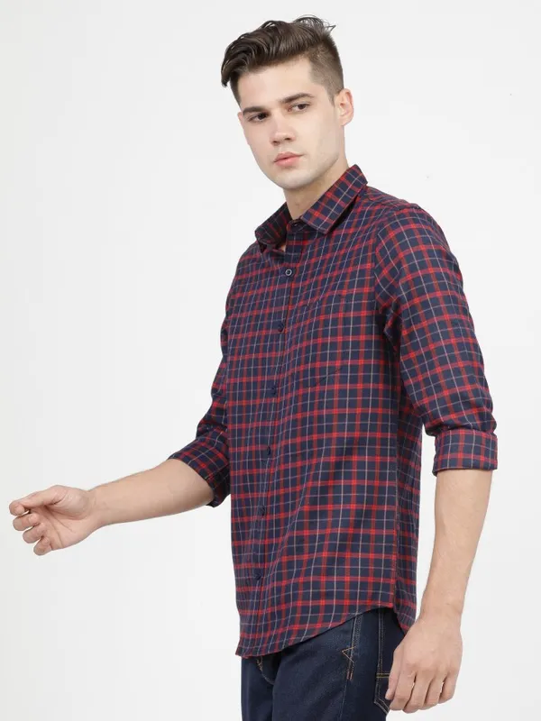  Ketch Men Navy Blue Checked Slim Fit Casual Shirts