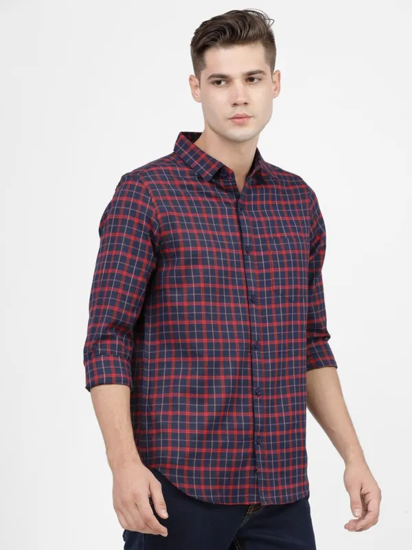  Ketch Men Navy Blue Checked Slim Fit Casual Shirts