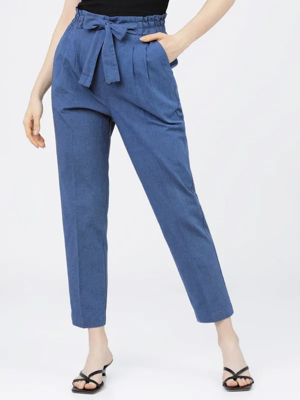  Tokyo Talkies Women Blue Solid Tapered Fit Casual Trousers