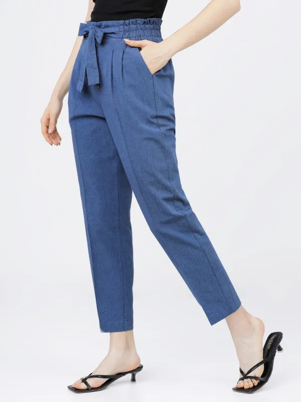  Tokyo Talkies Women Blue Solid Tapered Fit Casual Trousers