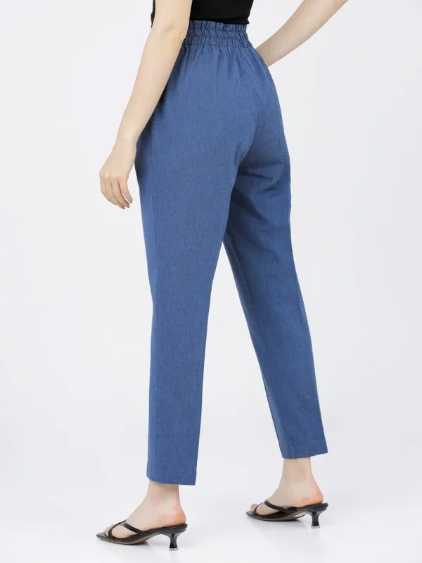  Tokyo Talkies Women Blue Solid Tapered Fit Casual Trousers