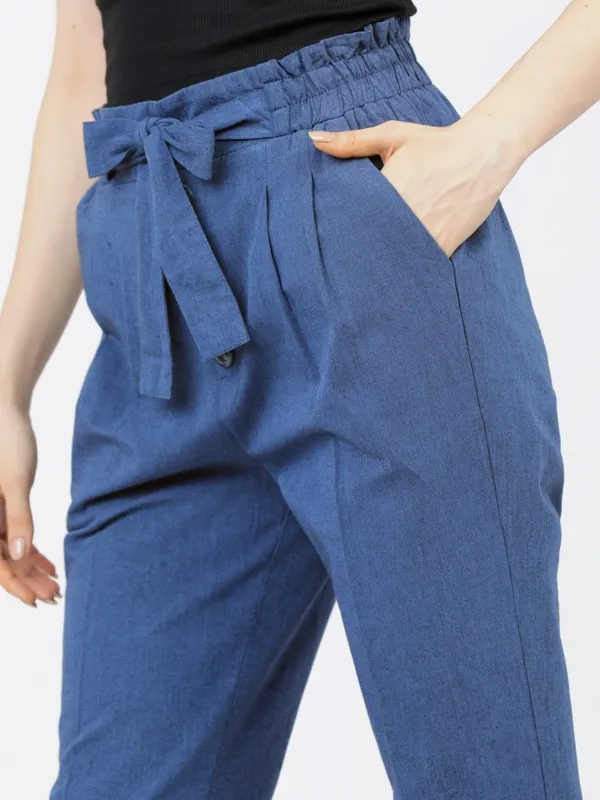  Tokyo Talkies Women Blue Solid Tapered Fit Casual Trousers